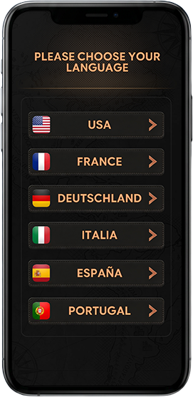 Application 123 Marinade : écran de choix de langue (FR, EN, ES, IT, DE, PT)